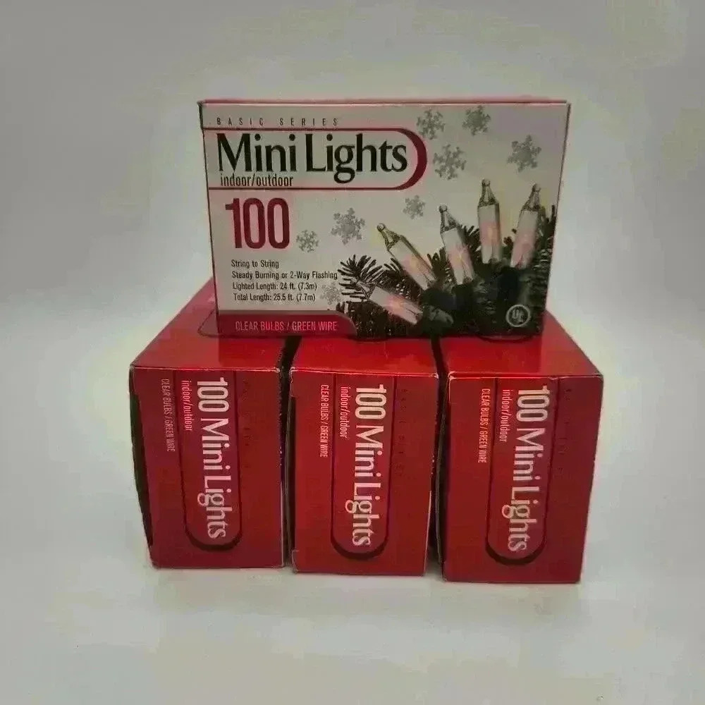 4 Boxes NEW 100 Mini Lights Clear Bulbs Green Wire Steady Or 2 Way Flashing 24'